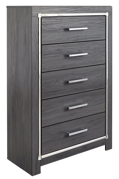 Lodanna Gray Chest showing five drawers