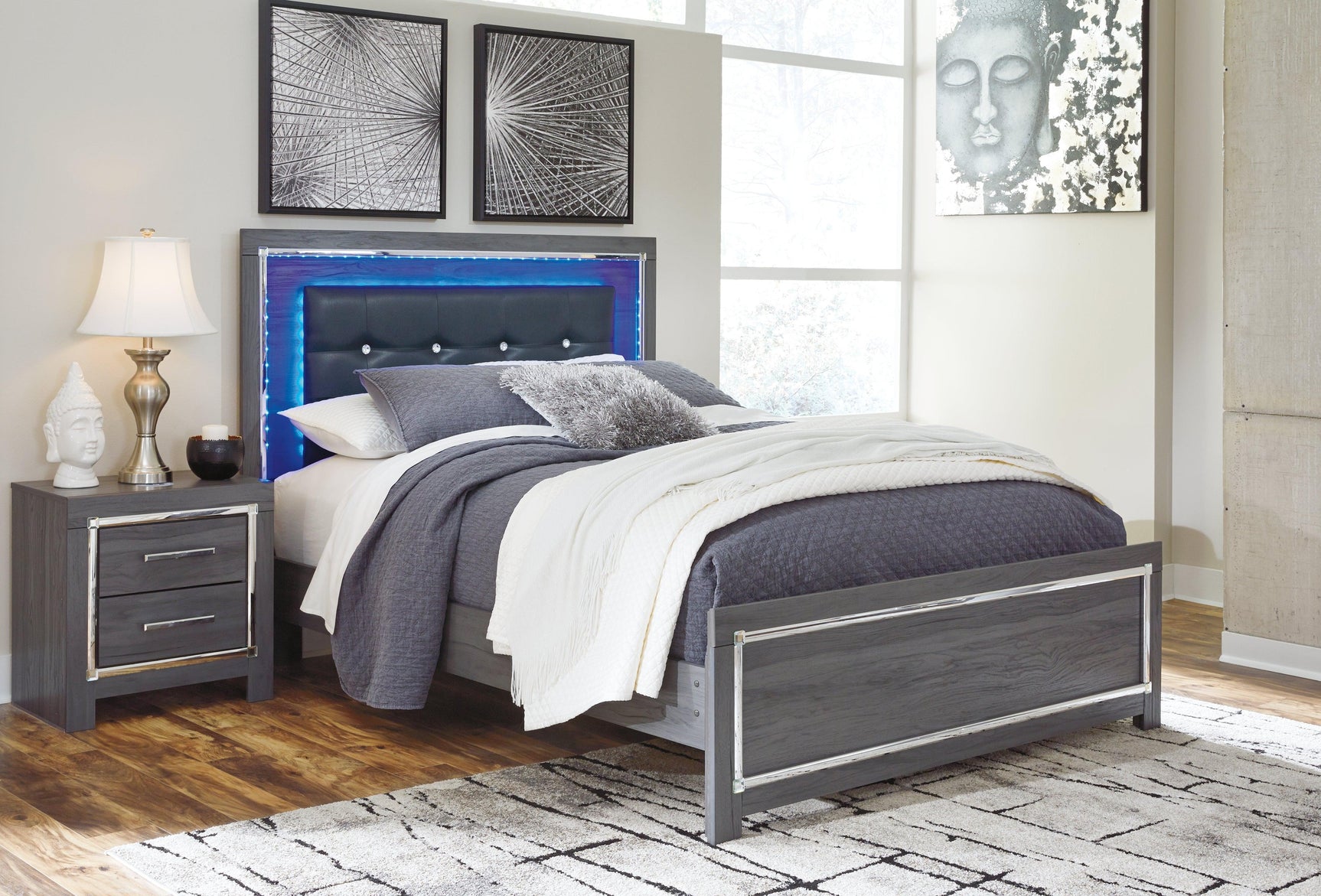 Lodanna Gray Queen Panel Bed side angle showing upholstered frame