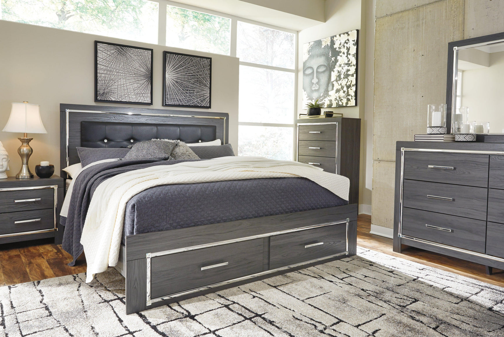 Top view showing bed frame and slats of Lodanna King Panel Bed with storage