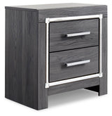 Lodanna Gray Nightstand angled view highlighting chrome-tone accents