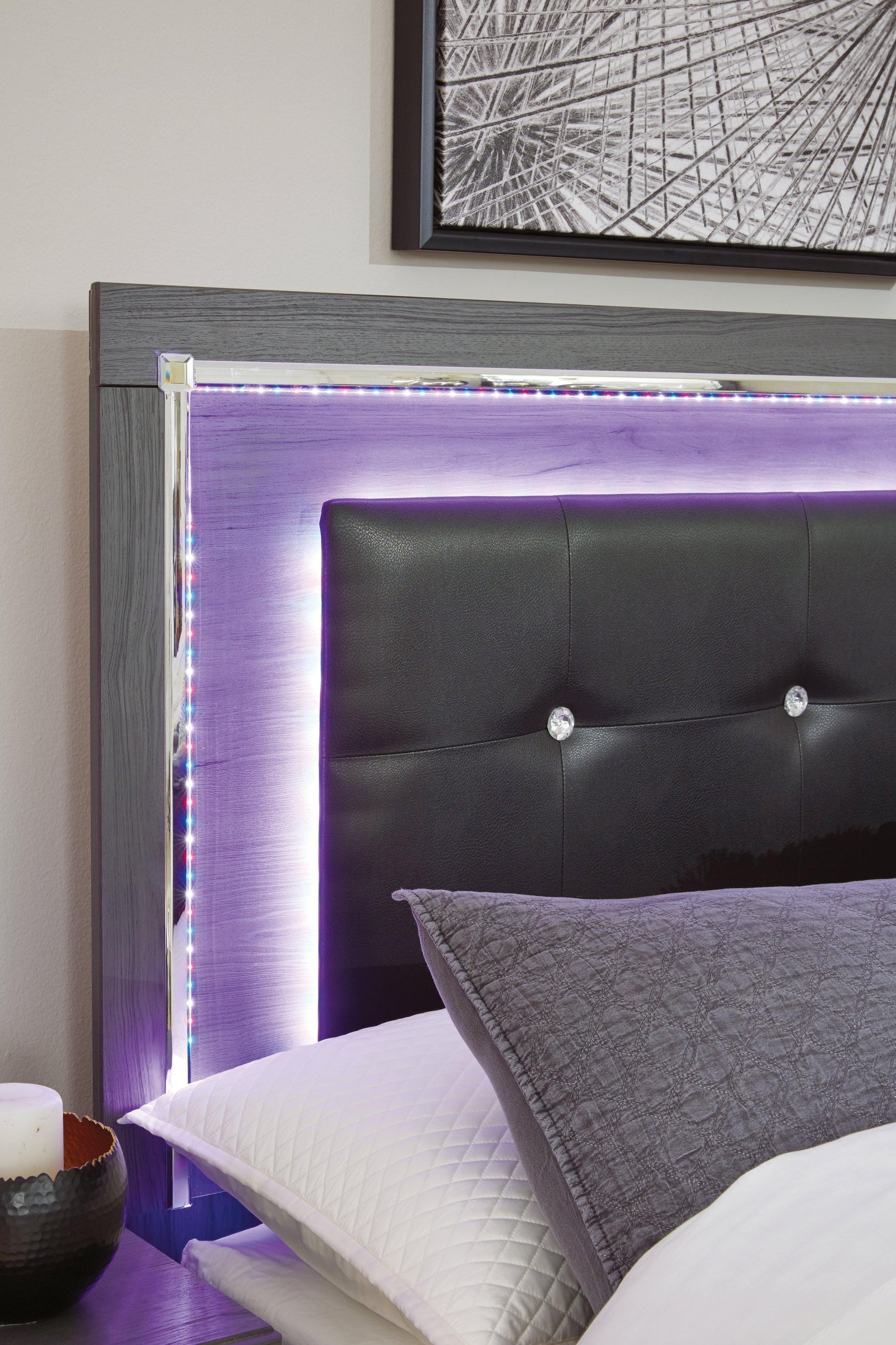 Illuminated Lodanna Queen Panel Bed showcasing LED lighting colors