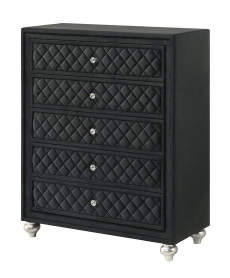 Side view of Cameo Black Upholstered Tufted Panel Bedroom Set bed