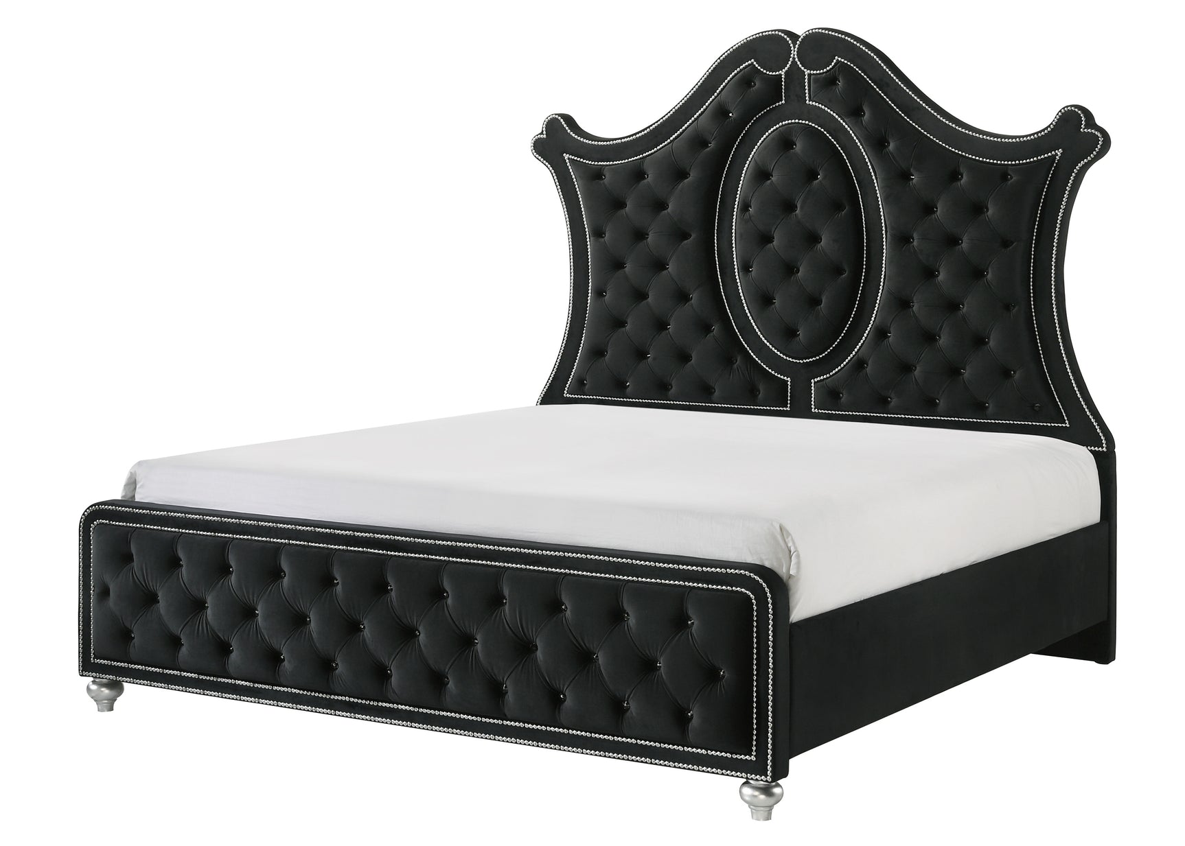 Bedroom view of Cameo Black Upholstered Tufted Panel Bedroom Set bed