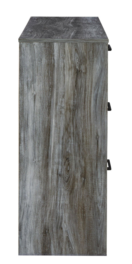 Baystorm Gray Dresser calling out drawer interior lined with faux linen laminate
