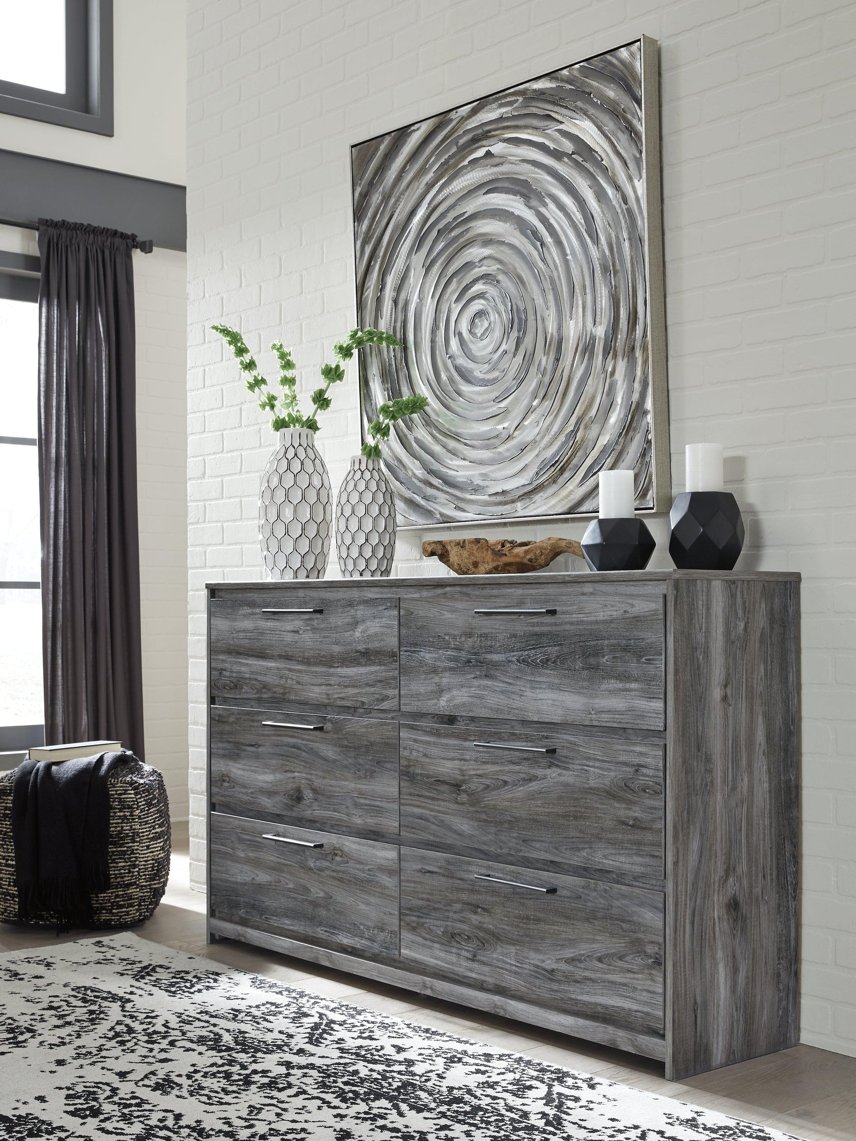 Baystorm Gray Dresser angle displaying clean modern lines