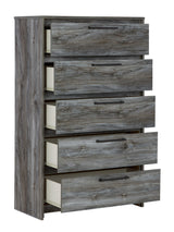 Baystorm Gray Chest of Drawers open drawer showing faux linen lining