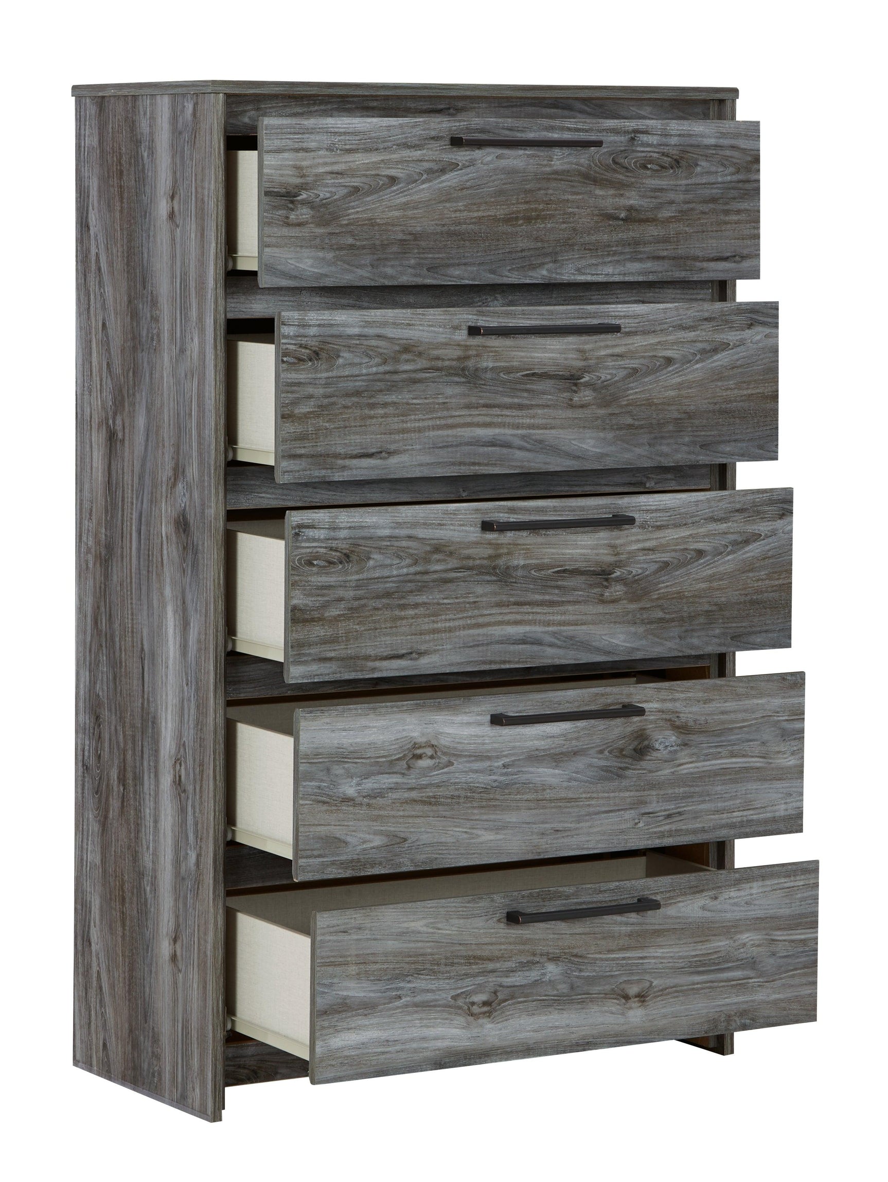 Baystorm Gray Chest of Drawers open drawer showing faux linen lining