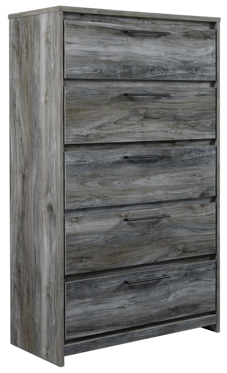 Baystorm Gray Chest of Drawers side angle displaying five drawers