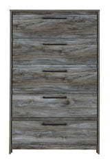 Baystorm Gray Chest of Drawers head-on view highlighting hardware