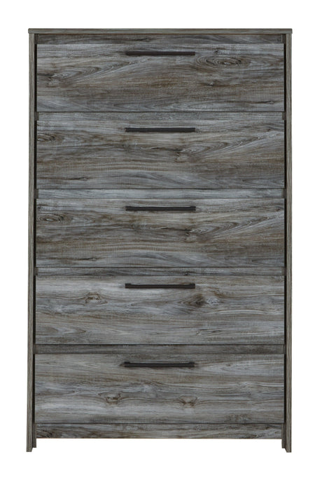 Baystorm Gray Chest of Drawers head-on view highlighting hardware