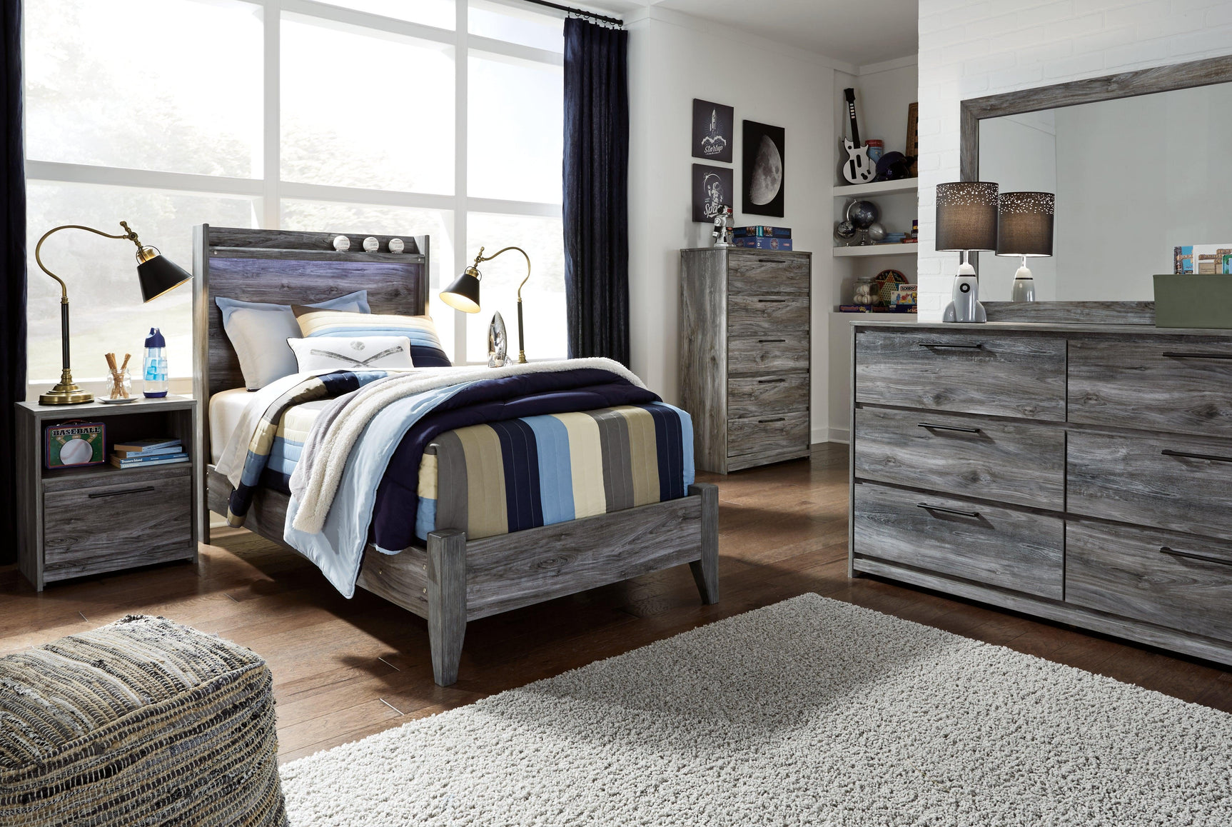 Baystorm bed styled in bedroom setting with ambient lighting