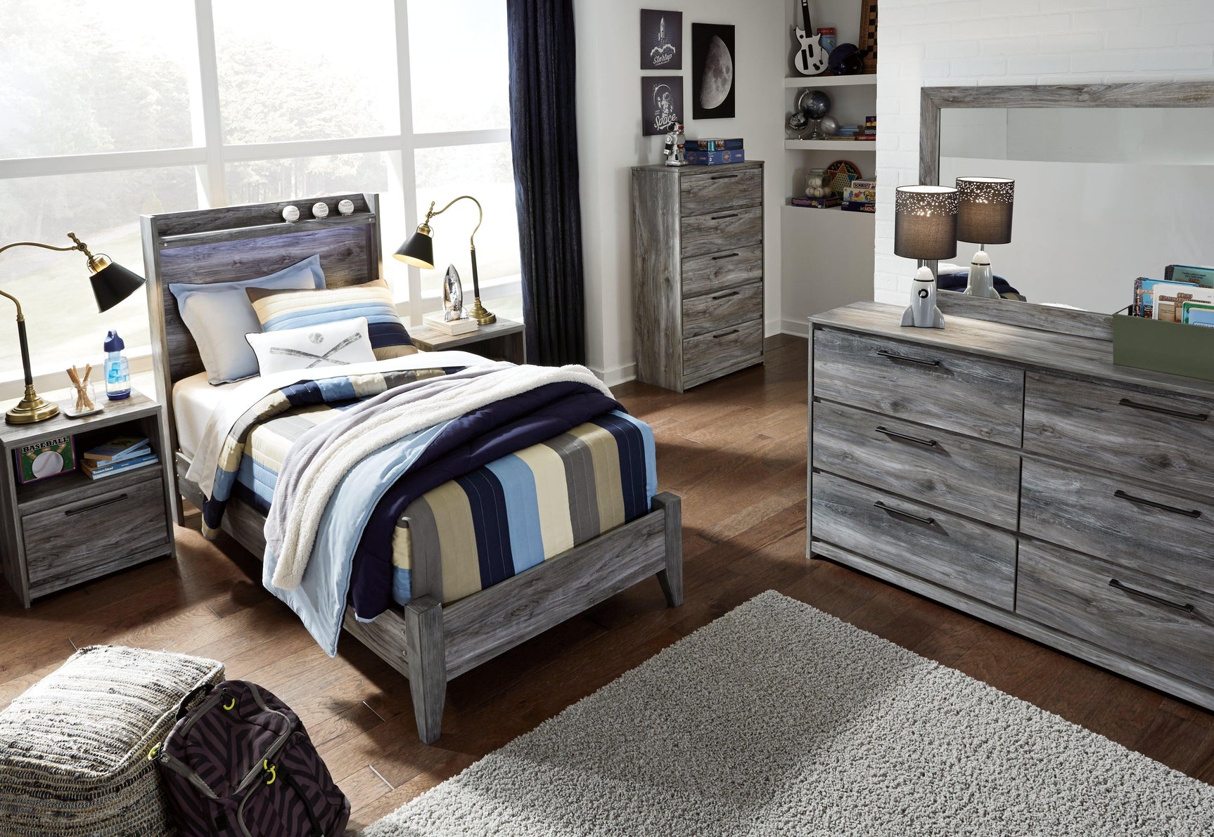 Baystorm Gray Twin Panel Bed ambient mood lighting