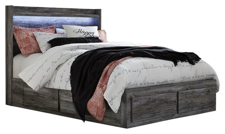 Baystorm Queen Panel Bed with 6 Storage Drawers, detailed view of headboard and storage drawers