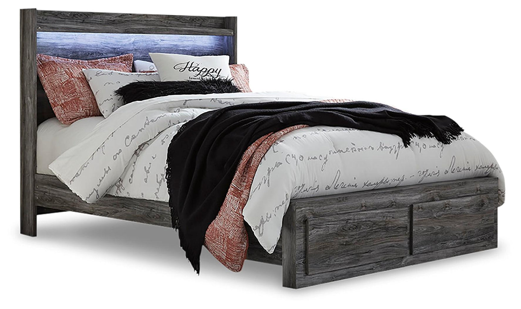 Baystorm Gray Queen Panel Storage Bed with 2 Storage Drawers, side angle