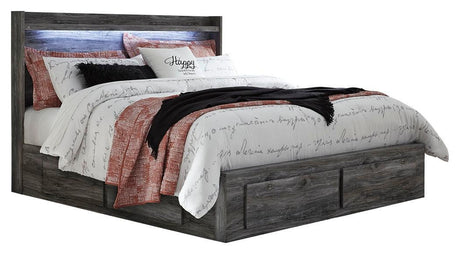Baystorm gray king panel bed side view highlighting storage drawers