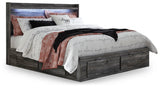 Baystorm Gray King Panel Storage Bed with storage drawers open - front angle