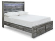 Baystorm gray full panel bed angled side view showing LED lit headboard and storage drawers