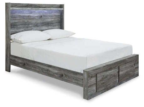 Baystorm gray full panel bed angled side view showing LED lit headboard and storage drawers