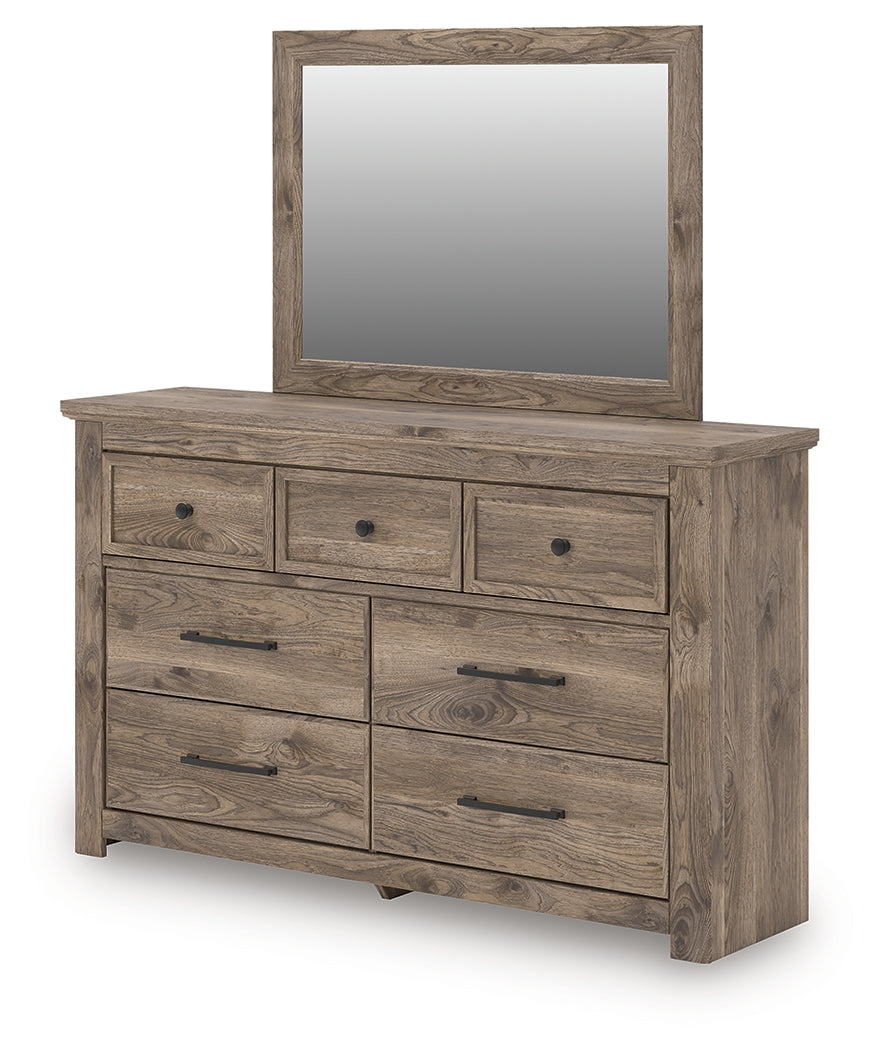 Side angle of Rusticott brown dresser and mirror