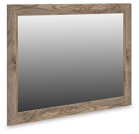 Rusticott brown bedroom mirror angled side view showing hickory grain finish