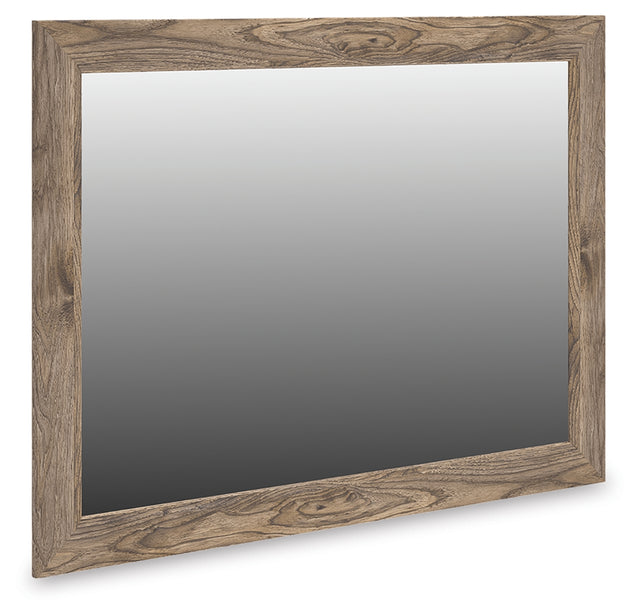 Rusticott brown bedroom mirror angled side view showing hickory grain finish
