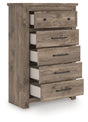 Rusticott brown chest of drawers open drawers angle view