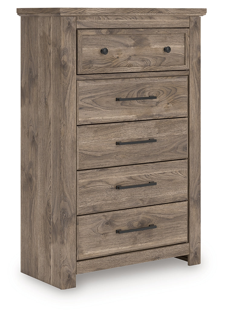 Rusticott brown chest of drawers angled side view
