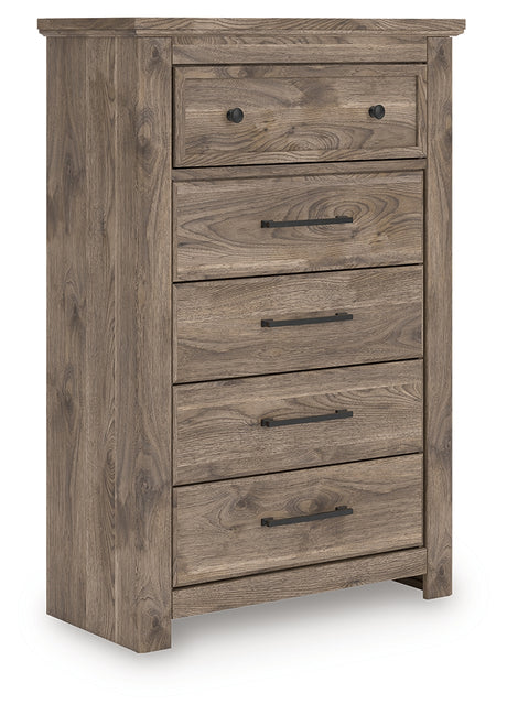 Rusticott brown chest of drawers angled side view