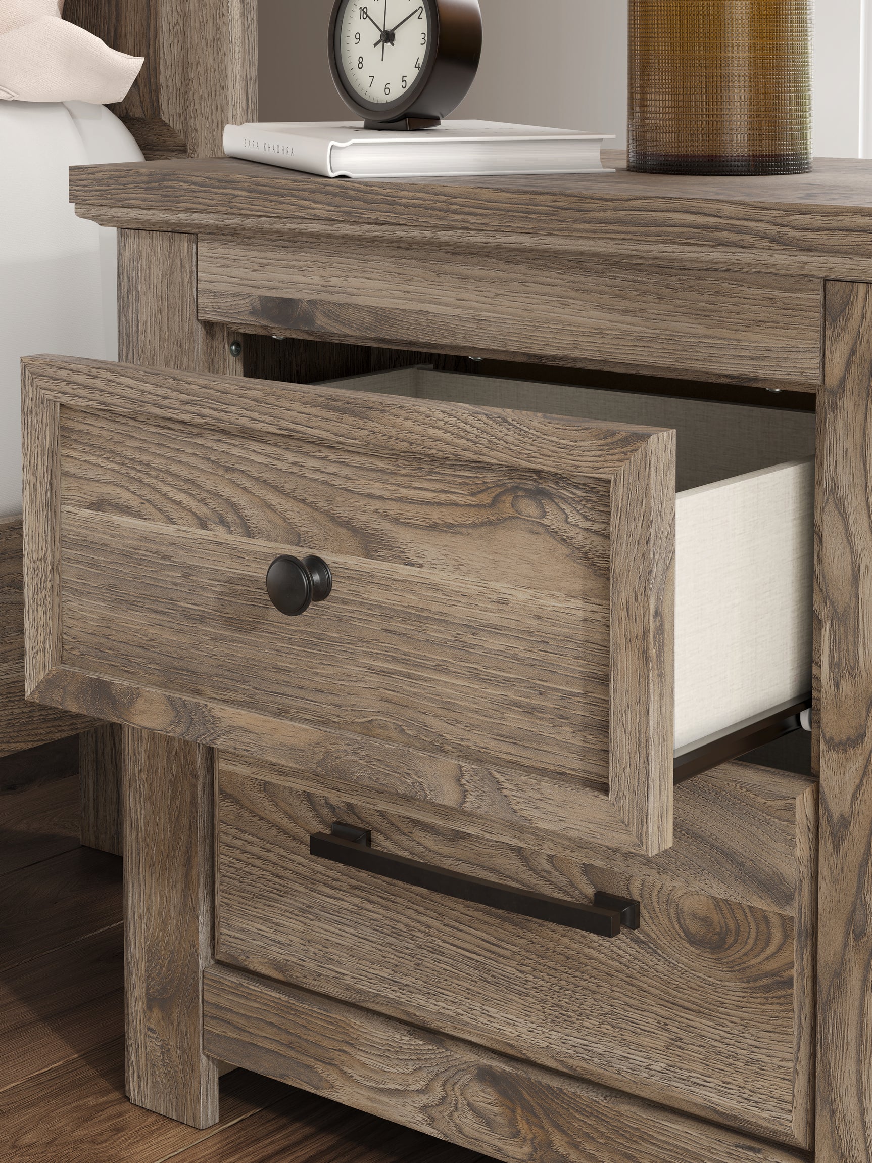 Rusticott Brown Nightstand detailed close-up of drawer interior