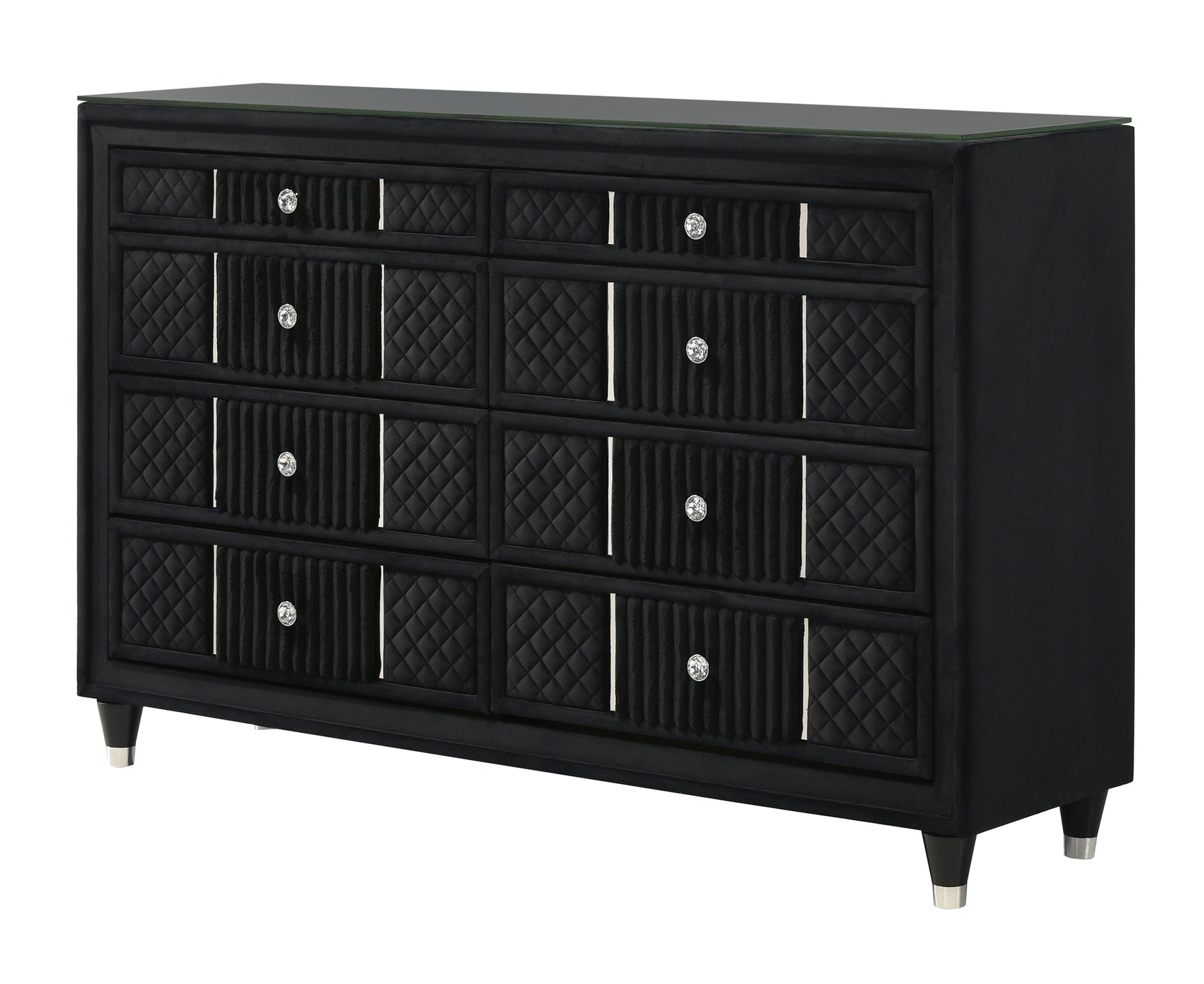 Close-up of tempered glass top on Armany dresser