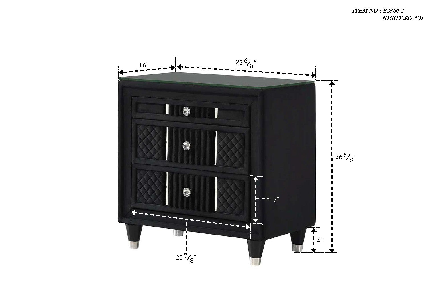 Armany black upholstered nightstand top view showing tempered glass