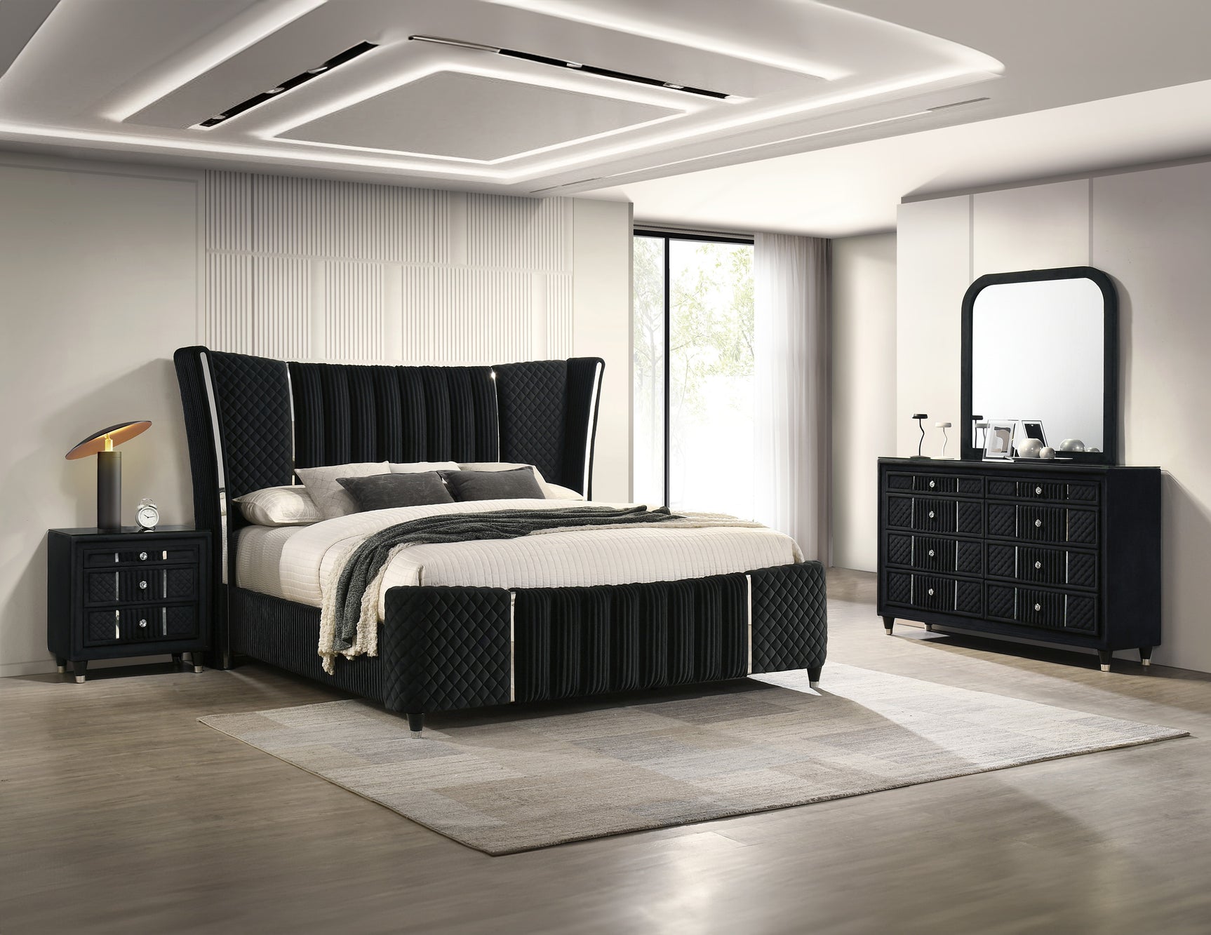 Side view of Armany Black Upholstered Wingback Panel Bedroom Set bed