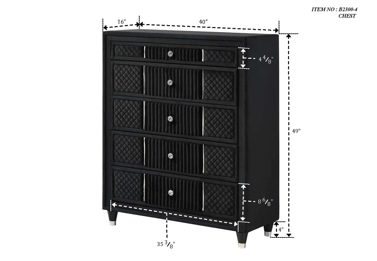 Armany Black Upholstered Chest side view showing drawers