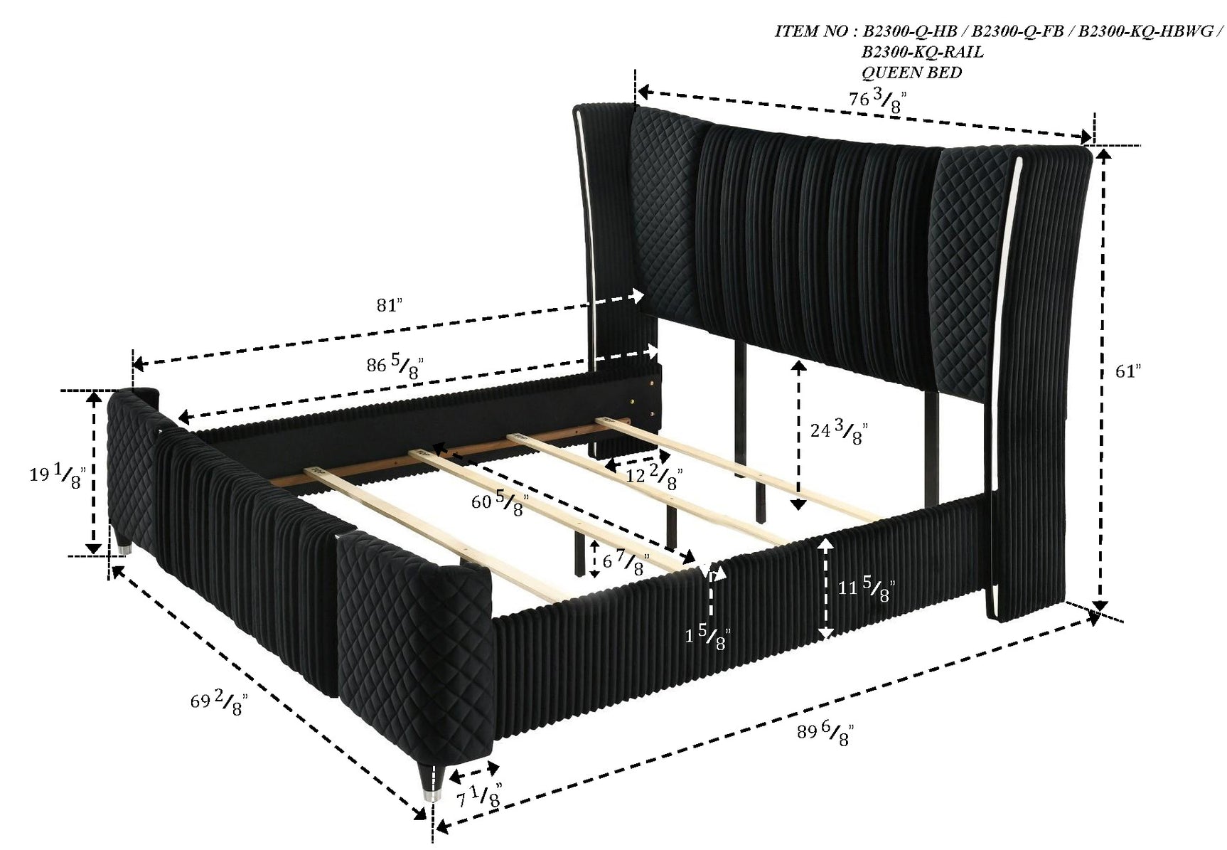Bedroom view showing Armany Black Upholstered Wingback Panel Bedroom Set bed