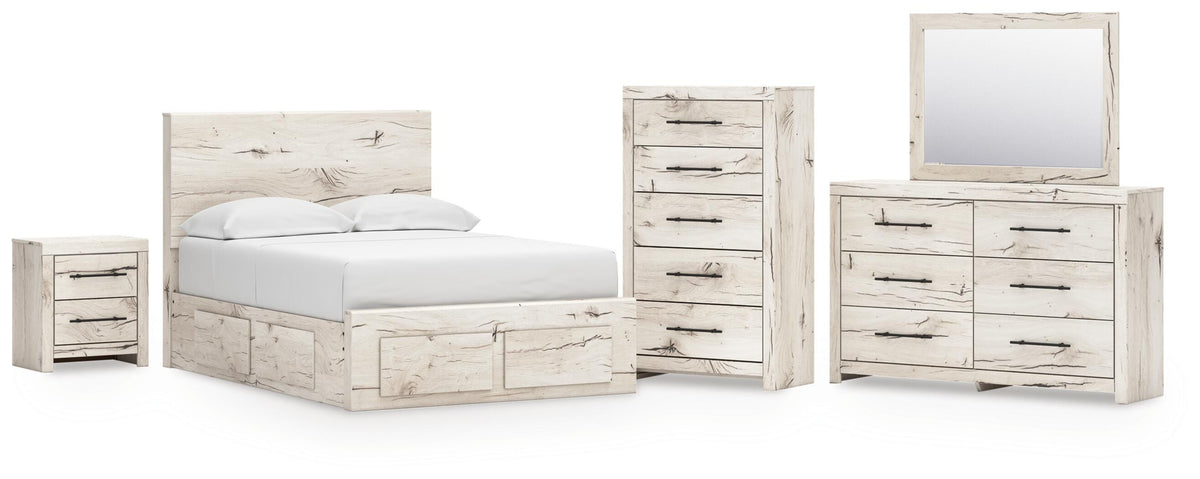 Lawroy Light Natural Panel Bedroom Set — 6-Drawer Footboard and Under-Bed Storage — Full / 5: Bed, Dresser, Mirror, Nightstand, Chest