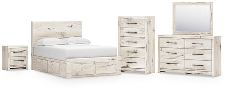 Lawroy Light Natural Panel Bedroom Set — 6-Drawer Footboard and Under-Bed Storage — Full / 5: Bed, Dresser, Mirror, Nightstand, Chest