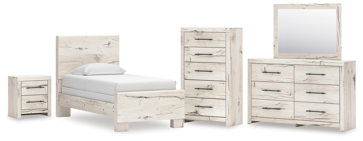 Lawroy Light Natural Panel Bedroom Set — Twin / 5: Bed, Dresser, Mirror, Nightstand, Chest