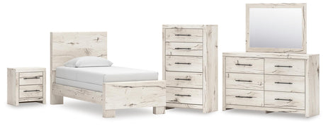 Lawroy Light Natural Panel Bedroom Set — Twin / 5: Bed, Dresser, Mirror, Nightstand, Chest