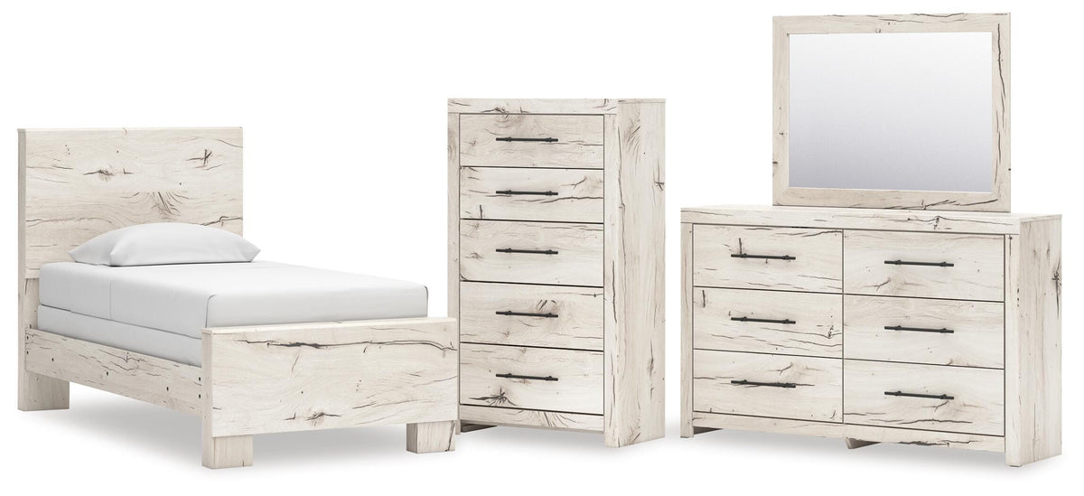 Lawroy Light Natural Panel Bedroom Set — Twin / 4: Bed, Dresser, Mirror, Chest