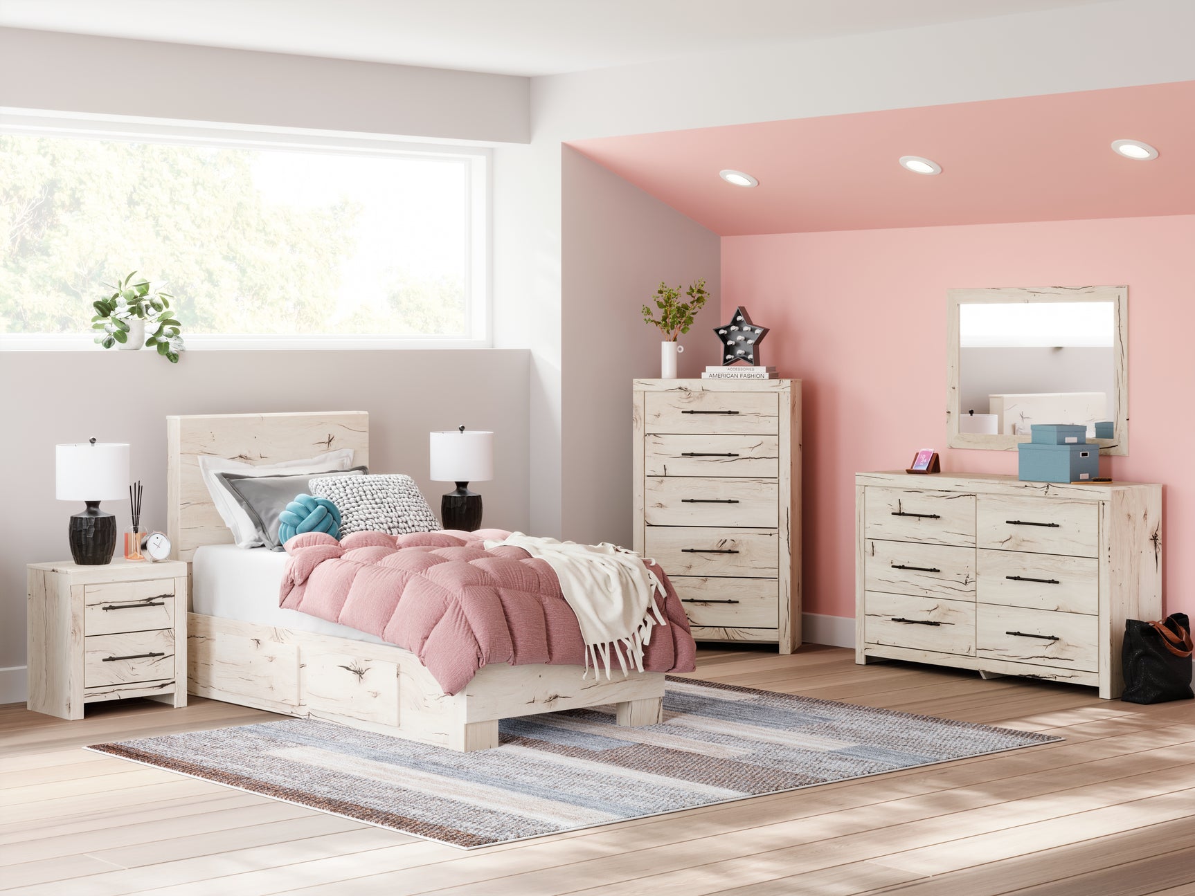 Lawroy twin panel bed in light natural finish with storage drawers