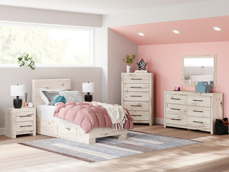 Lawroy twin panel bed in light natural finish with storage drawers
