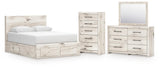 Lawroy Light Natural Panel Bedroom Set — 6-Drawer Footboard and Under-Bed Storage — Queen / 4: Bed, Dresser, Mirror, Chest