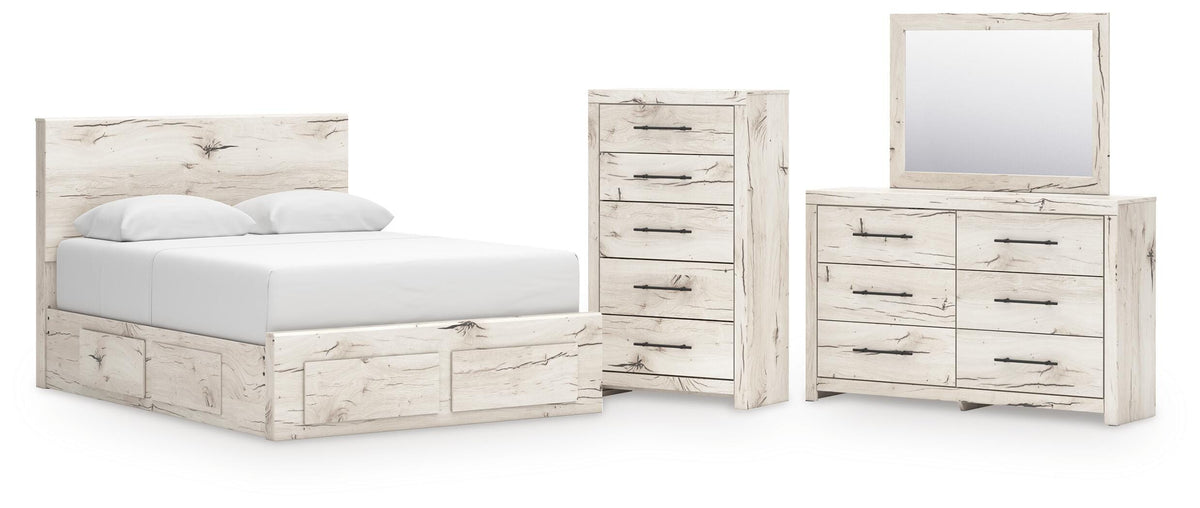 Lawroy Light Natural Panel Bedroom Set — 6-Drawer Footboard and Under-Bed Storage — Queen / 4: Bed, Dresser, Mirror, Chest