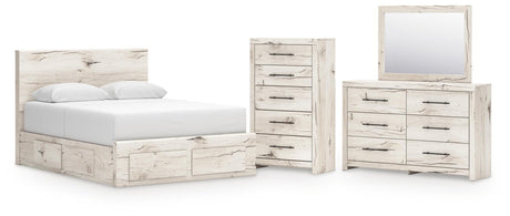 Lawroy Light Natural Panel Bedroom Set — 6-Drawer Footboard and Under-Bed Storage — Queen / 4: Bed, Dresser, Mirror, Chest