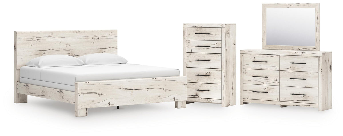 Lawroy Light Natural Panel Bedroom Set — King / 4: Bed, Dresser, Mirror, Chest