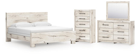 Lawroy Light Natural Panel Bedroom Set — King / 4: Bed, Dresser, Mirror, Chest