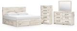 Lawroy Light Natural Panel Bedroom Set — 6-Drawer Footboard and Under-Bed Storage — King / 4: Bed, Dresser, Mirror, Chest