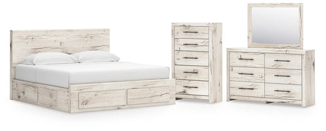 Lawroy Light Natural Panel Bedroom Set — 6-Drawer Footboard and Under-Bed Storage — King / 4: Bed, Dresser, Mirror, Chest