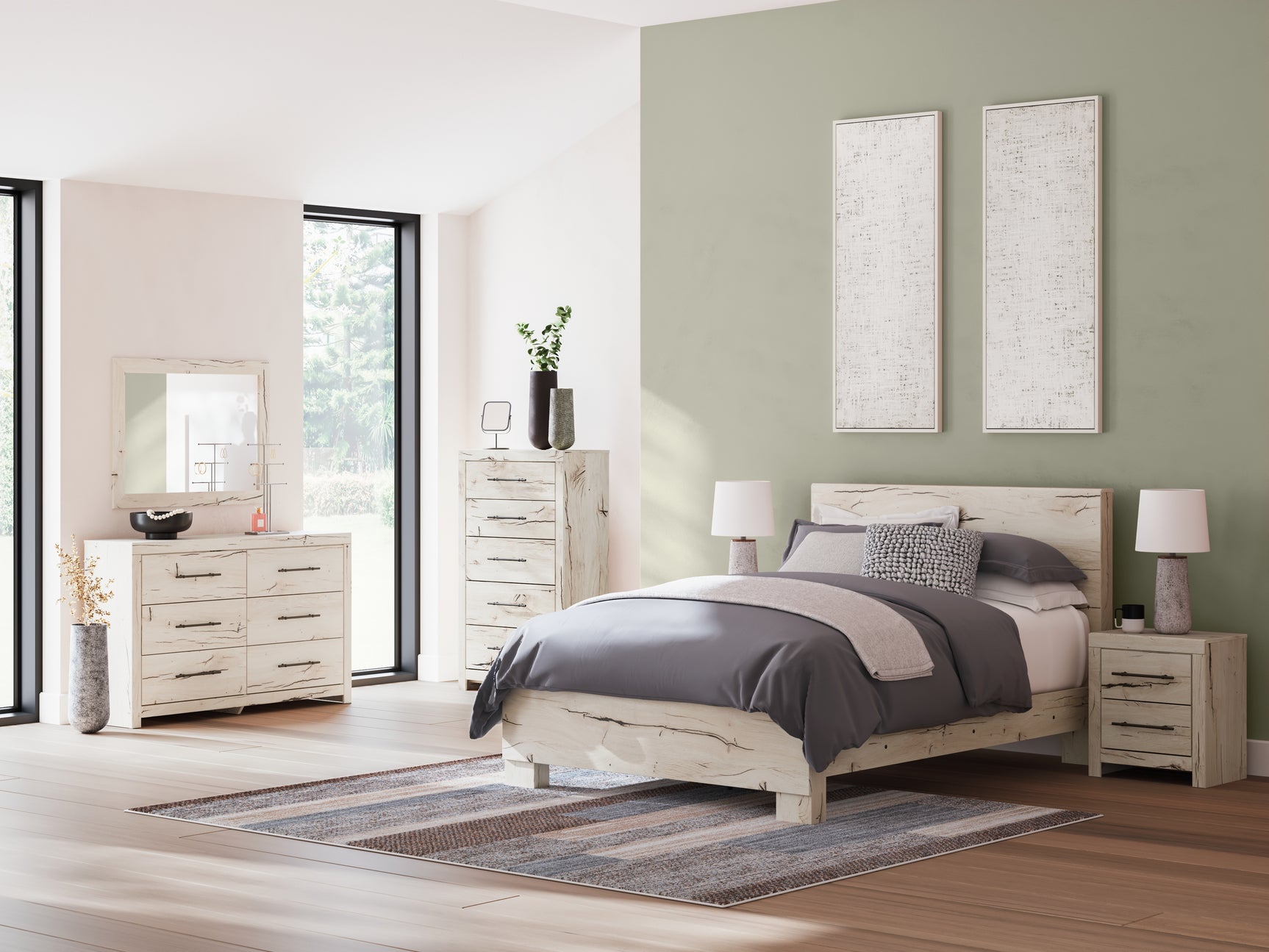 Side angle of Lawroy Light Natural Queen Panel Bed showing rustic white finish