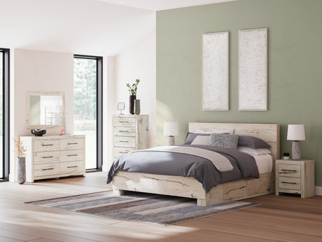 Lawroy Light Natural King Panel Bed with Storage, front view in rustic white finish